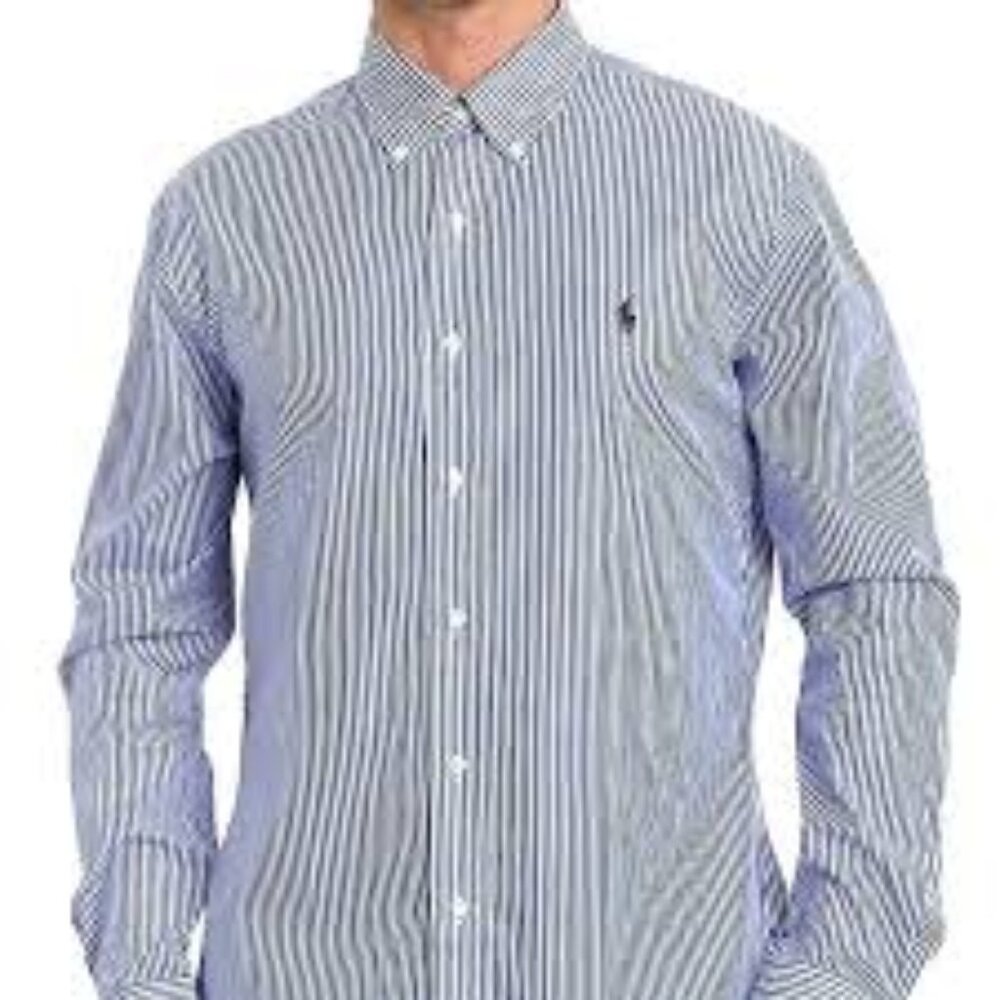 Ralph Lauren Mens 17 x 35 Yarmouth Blue White Stripe Button Down Collar Shirt